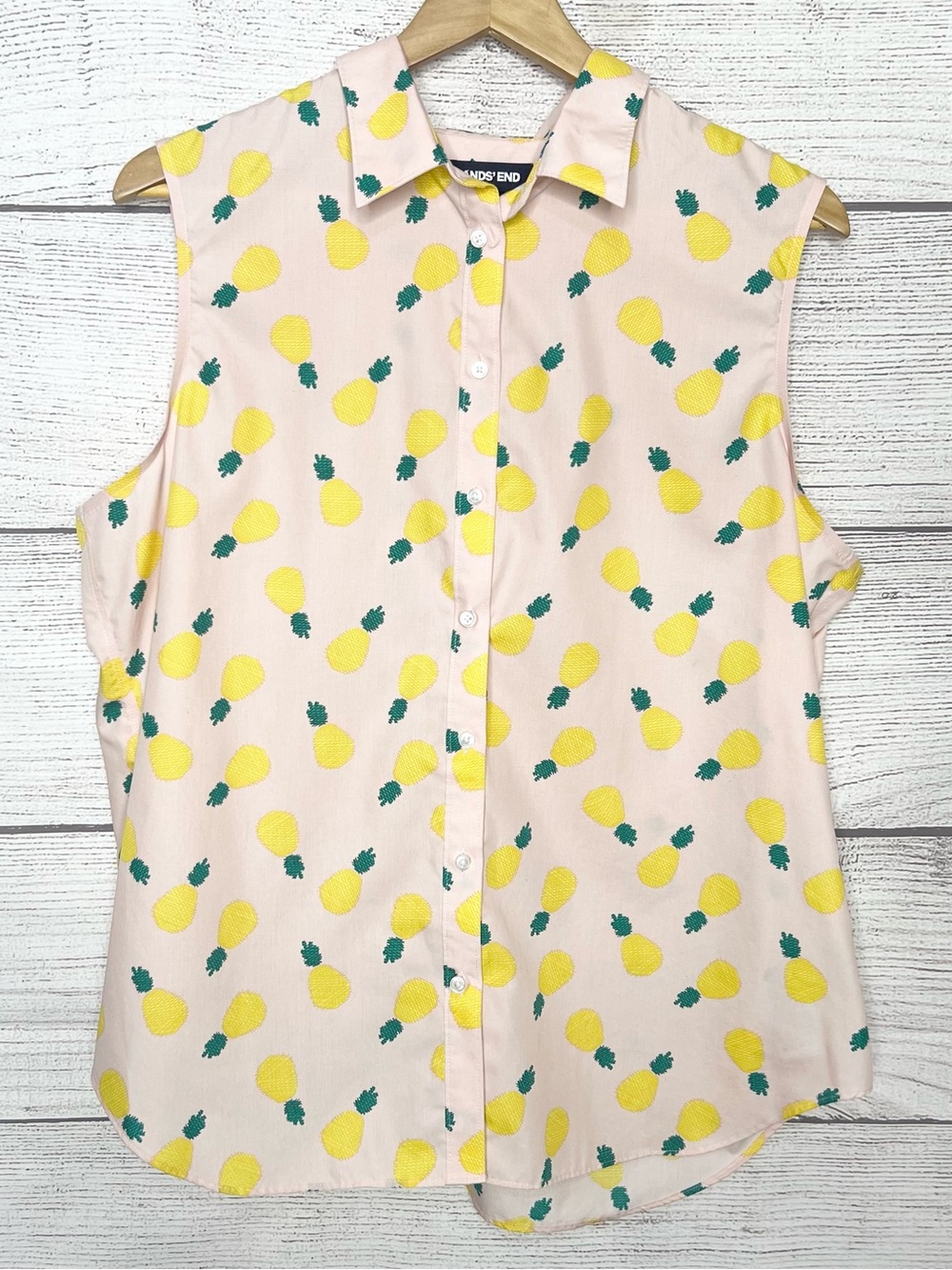 Lands' End No Iron Pink Pineapple Sleeveless Button Front Cotton Top Size 18